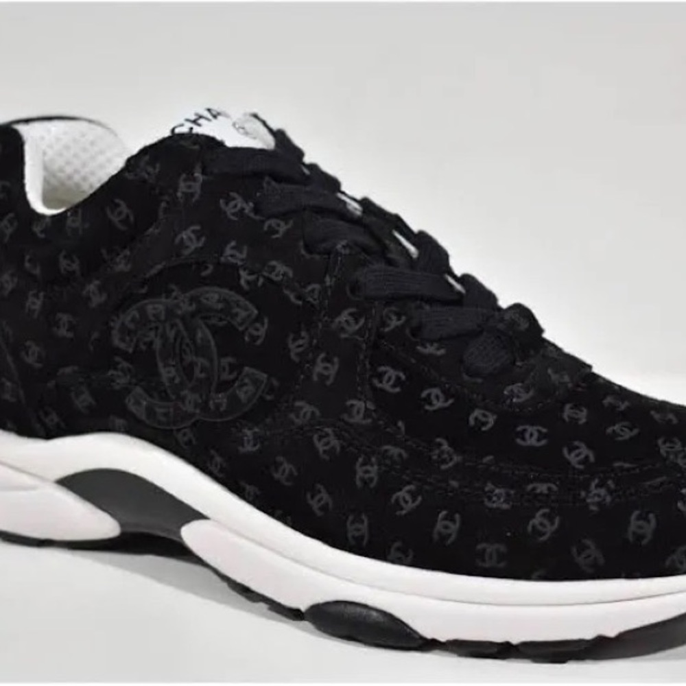 Chanel Black & White Suede Printed Logo Sneaker